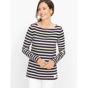 NWT $60 Authentic Talbots Tee in Bayou Strips Navy Blue Multicolor Long Sleeve P